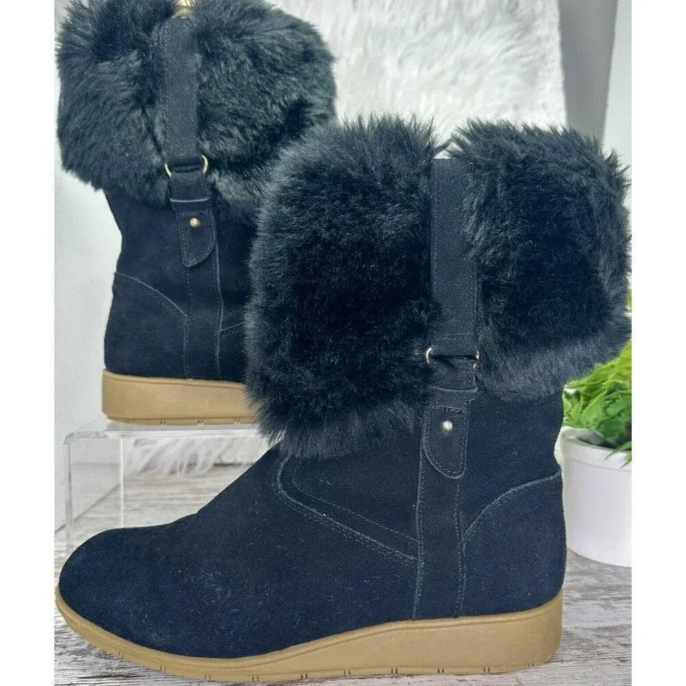 LANDS' END Mendota Snow Boot Women's Size 7.5 Black Suede Faux Fur PullOn 420483